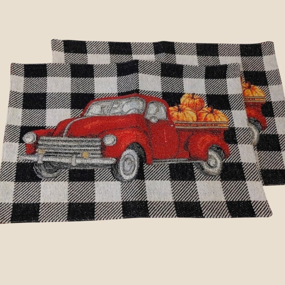 Set of 2 Fall Harvest Red Truck Pumpkin Buffalo Check Woven Tapestry Placemats